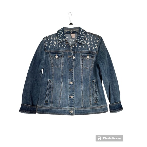 Chicos NWT PEACE LOVE CHIC Embroidered‎ Denim Jean Jacket Size 1 - Picture 3 of 12